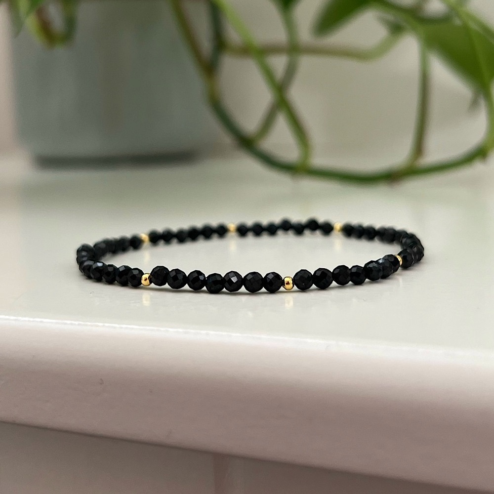 Handmade Black Gemstone & Gold Stacking Bracelet, Spinel Crystal NWT ๐